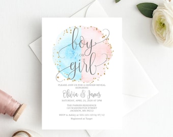 Boy or Girl Gender Reveal Invitation, He or She Gender Reveal Invitation, Pink and Blue Baby Shower Invitation, BS056