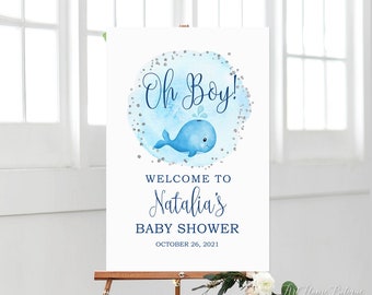 Oh Boy Welcome Sign, Whale Baby Shower Welcome Sign, Nautical Baby Shower Welcome Sign, Watercolor Welcome Sign, Navy, Digital file, BS075