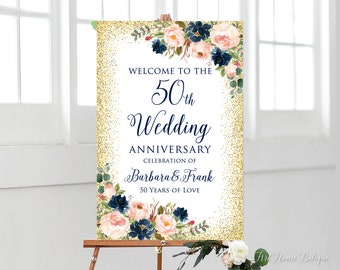 50th Anniversary Welcome Sign, 50th Anniversary Decoration, Navy Anniversary Sign, Navy and Blush Welcome Sign, Digital file, W522