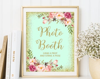 Photo Booth Sign, Grab a Prop and Strike a Pose Sign, Photo Booth Wedding Sign, Mint Floral Wedding Sign, W265