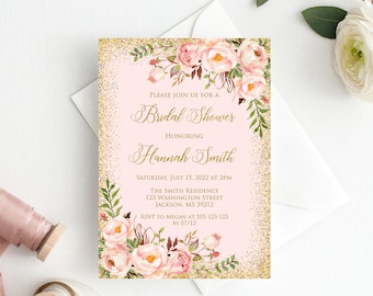 Blush and Gold Bridal Shower Invitation, Blush Pink Bridal Shower Invite, Blush Flowers, Printable, W547