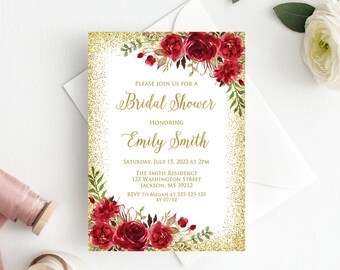 Red and Gold Bridal Shower Invitation, Boho Chic Bridal Shower Invite, Red Flowers, Printable, W768