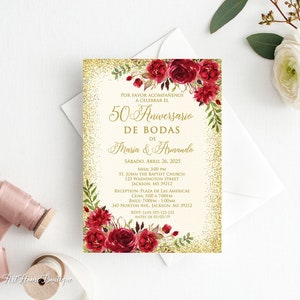 Uitnodiging 50 Aniversario de Bodas, bloemen rode verjaardagsuitnodiging, gouden bruiloft uitnodiging, Spaanse verjaardagsuitnodiging, W720-2