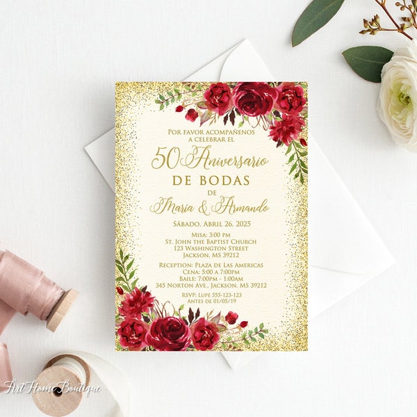50 Aniversario de Bodas Invitation, Floral Red Anniversary Invitation, Golden Wedding Invitation, Spanish Anniversary Invitation, W720-2