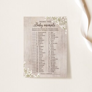 Name the Baby Animal Game, Baby’s Breath Baby Shower Games, Rustic Baby Shower Games, Baby Animal Name Quiz, Digital File, BS415