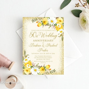 50th Anniversary Invitation, Golden Wedding Party Invitation, 50th Wedding Anniversary Invitation, Daisy and Yellow Rose, W1435-1