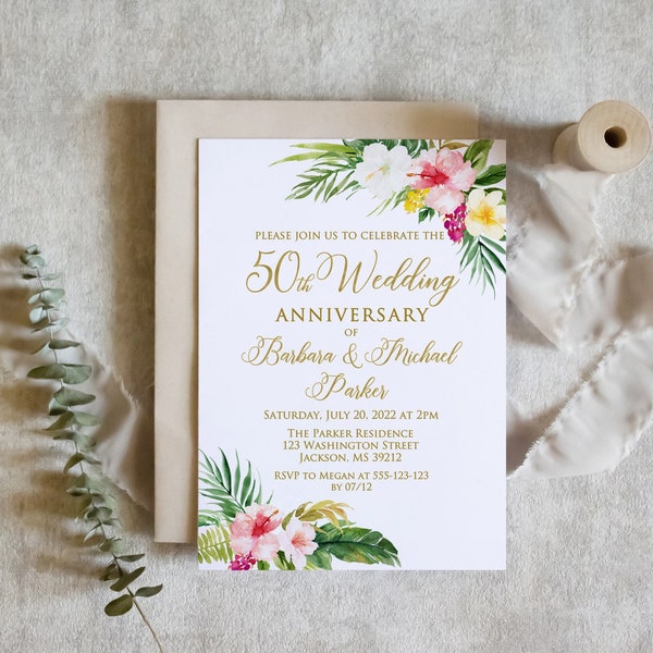 Tropical Anniversary Invitation, Hibiscus Wedding Party Invitation, 50th Wedding Anniversary Invitation, Tropical Invitation, W1516-1