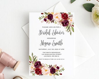 Burgundy Bridal Shower Invitation, Floral Bridal Shower Invitation, Boho Bridal Shower Invite, Burgundy Flowers, W506