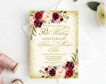 50th Anniversary Invitation, Golden Wedding Party Invitation, 50th Wedding Anniversary Invitation, Burgundy Invitation, W156-1