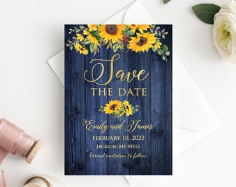 Navy Sunflower Save the Date, Rustic Wedding Save the Date, Birthday Save the Date, Sunflower Invitation, Navy Gold Save the Date, W1153