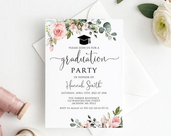 May include: A graduation party invitation with a floral design featuring pink roses and green eucalyptus leaves. The text reads "Please join us for a graduation party in honor of Hannah Smith, Saturday, April 15th, 2023 at 2pm, The Parker Residence, 123 Washington Street, Jackson, MS 39212, RSVP to Ashley at 555-123-1230 by 07/12."