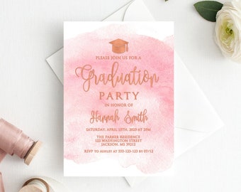 May include: Pink watercolor graduation party invitation with a gold graduation cap icon and the text "Please join us for a Graduation Party in honor of Hannah Smith Saturday, April 15th, 2023 at 2PM The Parker Residence 123 Washington Street Jackson, MS 39212 RSVP to Ashley at 333-123-123 by 07/12"