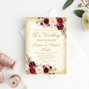 50th Anniversary Invitation, Golden Wedding Party Invitation, 50th Wedding Anniversary Invitation, Burgundy Anniversary Invitation, W541
