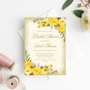 Bridal Shower Invitation, Yellow Bridal Shower Invitation,  Ivory and Gold, Yellow Roses, W715