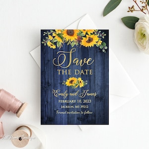 Navy Sunflower Save the Date, Rustic Wedding Save the Date, Birthday Save the Date, Sunflower Invitation, Navy Gold Save the Date, W1153