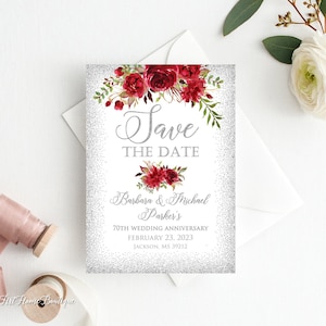 Salve a data, 70º aniversário de casamento, salve a data, 25º aniversário, salve a data, casamento de prata, salve a data, flores vermelhas, W356