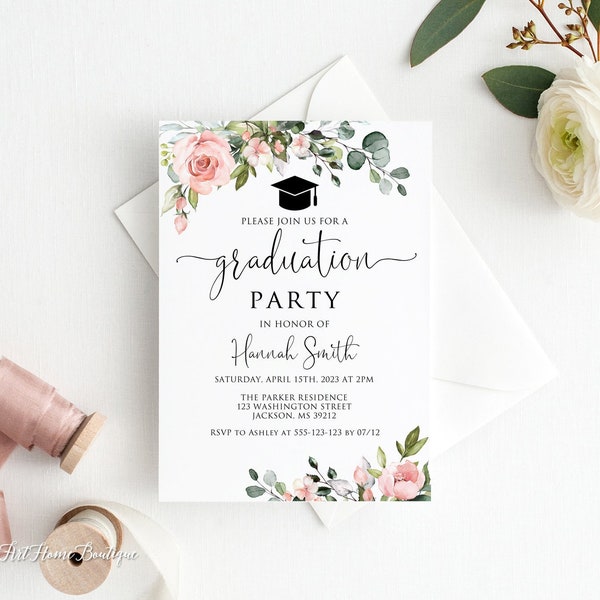 Blush Graduation Party Invitation, Floral Graduation Invitation, Grad Party Invitation, Graduation Ceremony Invitation, W1268