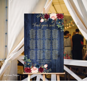 Rustic Navy Wedding Seating Chart, Wedding Seating Plan, Find Your Seat, Birthday Seating Chart, Blue Gold Seating Chart, Digital file, W987