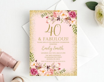 40th Birthday Invitation, 40 and Fabulous Invitation, Forty and Fabulous, Any Age, Pink and Gold Birthday Invitation, Boho Birthday, W02