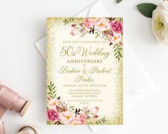 50th Anniversary Invitation, Golden Wedding Party Invitation, 50th Wedding Anniversary Invitation, Ivory and Gold, W812-1