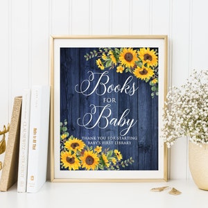 Signe de tournesol bleu marine pour bébé, Apportez un livre au lieu d'une carte, Shower de bébé bleu marine rustique, Apportez un livre, demande de livre, W1026