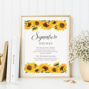 Signature Drinks Sign, Drinks Menu Sign, Sunflower Wedding Sign, Signature Coctails Sign, W492