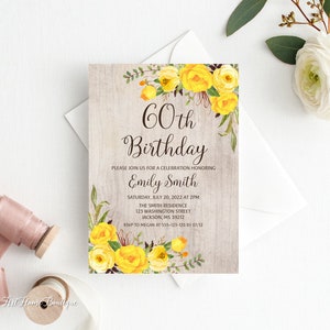 60th Birthday Invitation, Any Age Rustic Birthday Invitation, Yellow Birthday Invitation, Boho Chic, Yellow Flowers, W1152
