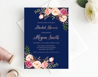 Bridal Shower Invitation, Floral Navy Bridal Shower Invitation, Boho Bridal Shower Invite, Bridal Shower Printable, Rose Gold, W323