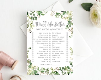 40 Greenery Baby Shower Game Cards - Gender Neutral Who Knows Mommy Best & More