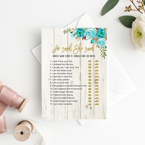 He Said She Said Bridal Shower Game, Teal Bridal Shower Games, Digital File, W955