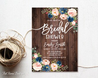 Bridal Shower Invitation, Floral Bridal Shower Invitation, Blush and Navy Bridal Shower Invite, Bridal Shower Printable, Blush Pink, W819