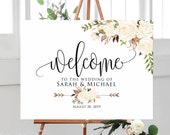Welcome Wedding Sign, Welcome To Our Wedding Sign, Horizontal Landscape Wedding Sign Template, White Flowers, W471