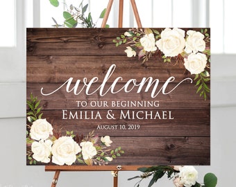 Rustic Welcome to Our Beginning Sign, White Flowers Welcome Sign, Horizontal, Landscape, Printable, Digital file, W305