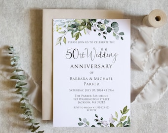 50th Anniversary Invitation, Greenery Wedding Anniversary Invitation, 50th Wedding Anniversary Invitation, Botanical Invitation, W1124-1