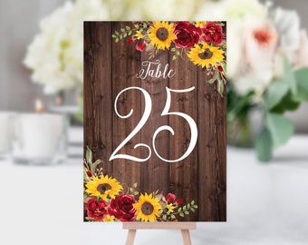 Sunflower Wedding Table Numbers, Rustic Table Numbers, Birthday Table Numbers, Sunflowers and Red Roses, Fall Table Numbers, Fall Decor W982