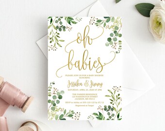 Greenery Babyparty-Einladung, Oh Babies Einladung, Gold Babyparty-Einladung, Kalligraphie-Einladung, Zwillings-Babyparty-Einladung, BS33