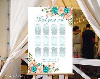 Teal and Coral Wedding Seating Chart, Teal Seating Plan, Find Your Seat, Birthday Seating Chart, Table Plan, Digital file, W231