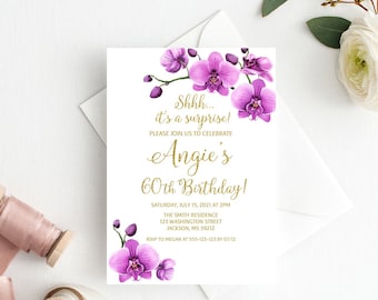 Orchid Birthday Invitation, Surprise 60th Birthday Invitation, Any Age, Orchid Invitation, Purple Birthday, W934