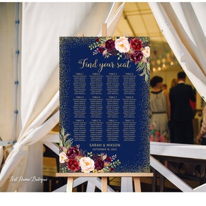 Stoelindeling bruiloft, plattegrond bruiloft, stoelentabel verjaardag, tafelindeling marine bruiloft, bordeauxrode bloemen, digitaal bestand, W122