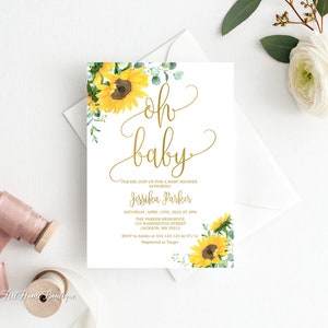 Sunflower Baby Shower Invitation, Oh Baby Invitation, Garden Baby Shower Invite, Calligraphy Invitation, Sunflower Invitation, W1031