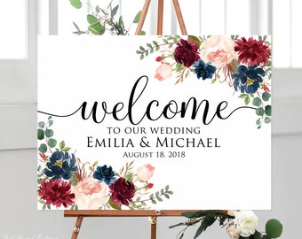 Welcome Wedding Sign, Welcome To Our Wedding Sign, Burgundy and Navy Wedding, Horizontal, Landscape, Marsala Wedding Sign, Digital file W411