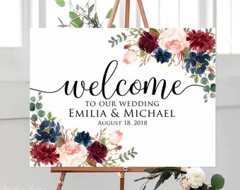 Placa de casamento de boas-vindas, Placa de casamento de boas-vindas, Casamento Borgonha e Marinha, Horizontal, Paisagem, Placa de casamento Marsala, arquivo digital W411