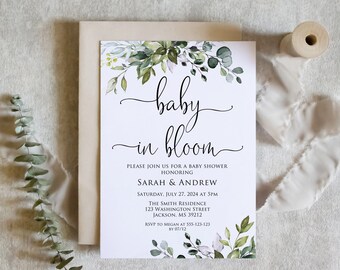Baby in Bloom Invitation, Botanical Baby Shower Invitation, Greenery Baby Shower Invitation, Digital File, W1124-4