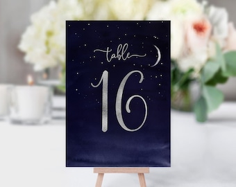 Starry Night Table Numbers, Moon Table Numbers, Navy Silver Table Numbers, Navy Birthday Table Numbers, W1548