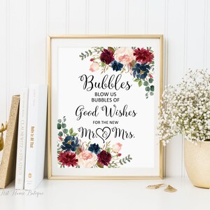 Bubbles bröllopsskylt, blås oss bubblor av goda önskningar, bröllopsbubbelskylt, blommig bubbelskylt, vinröd, rouge, marinblå, W411