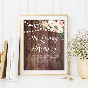 Rustic In Loving Memory Wedding Sign, String Lights Wedding Sign, Memorial Table Sign, Printable Memorial Sign, Blush and White Flowers W943