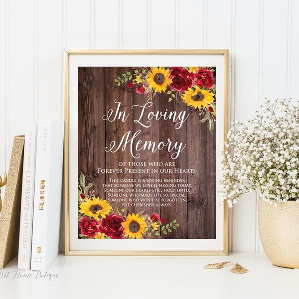 In Loving Memory Wedding Sign, Memorial Table Sign,  Fall Wedding Sign, Memorial Sign, Sunflowers and Red Roses Wedding Sign, W982