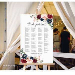 Alphabetical Wedding Seating Chart, Wedding Seating Chart, Wedding Seating Plan, Burgundy Navy, Find Your Seat, Digital file, W411