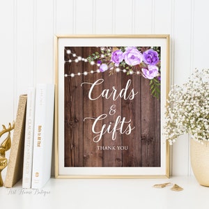 Rustiek bord voor kaarten en cadeaus, bord met lichten trouwkaarten en cadeaus, bord met paars cadeautafel, bord met lichtslingers voor kaarten en cadeaus, W1079