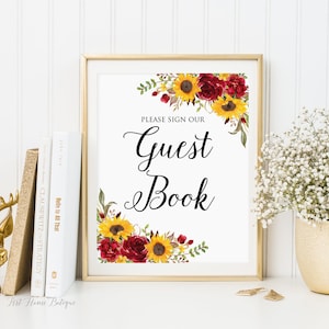 Sunflower Wedding Guest Book Sign, Please Sign Our Guest Book Sign, Fall Wedding Guest Book Sign, Sunflowers and Red Roses, W1139